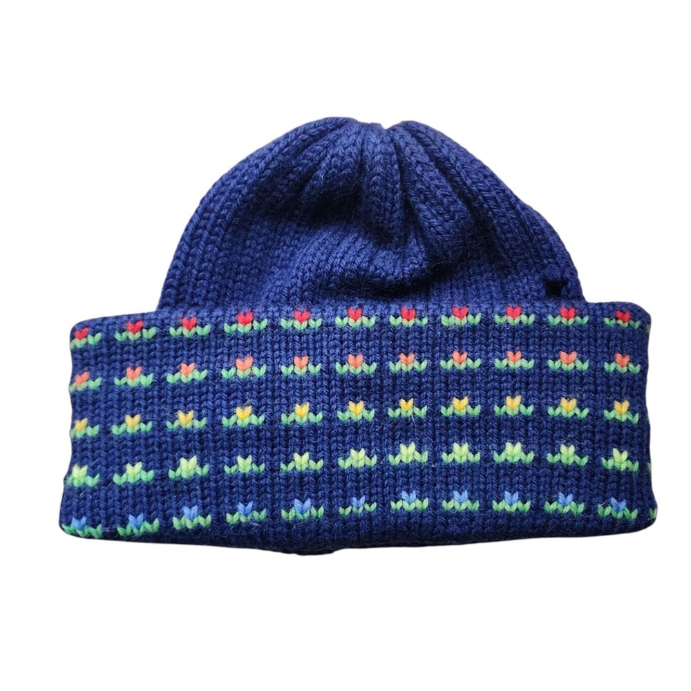 Vintage Marceau Sports 100% Wool Beanie Hat Ski Lodge Fair Isle Blue Floral OS